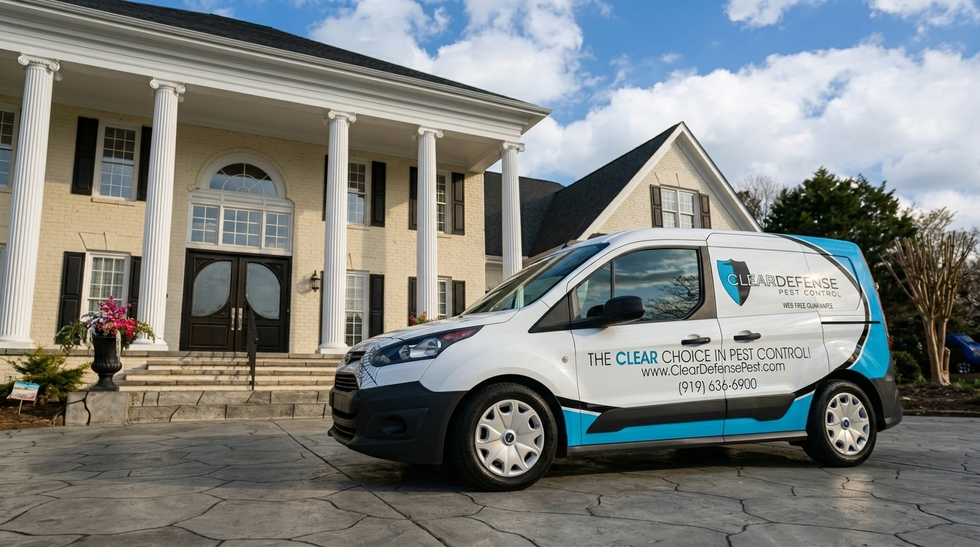 White and blue pest control service van parked in front of a classical two-story brick home with columns