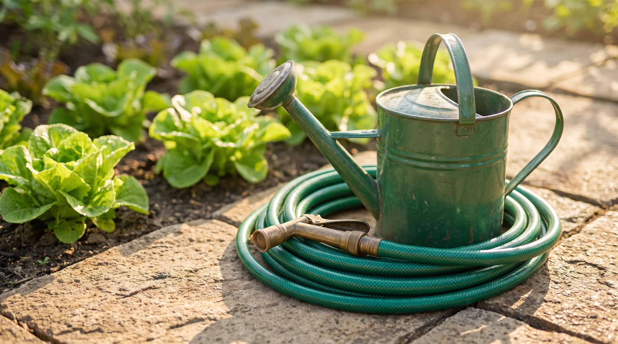 Green metal watering can with coiled garden hose on a stone pathway surrounded by lush green plants