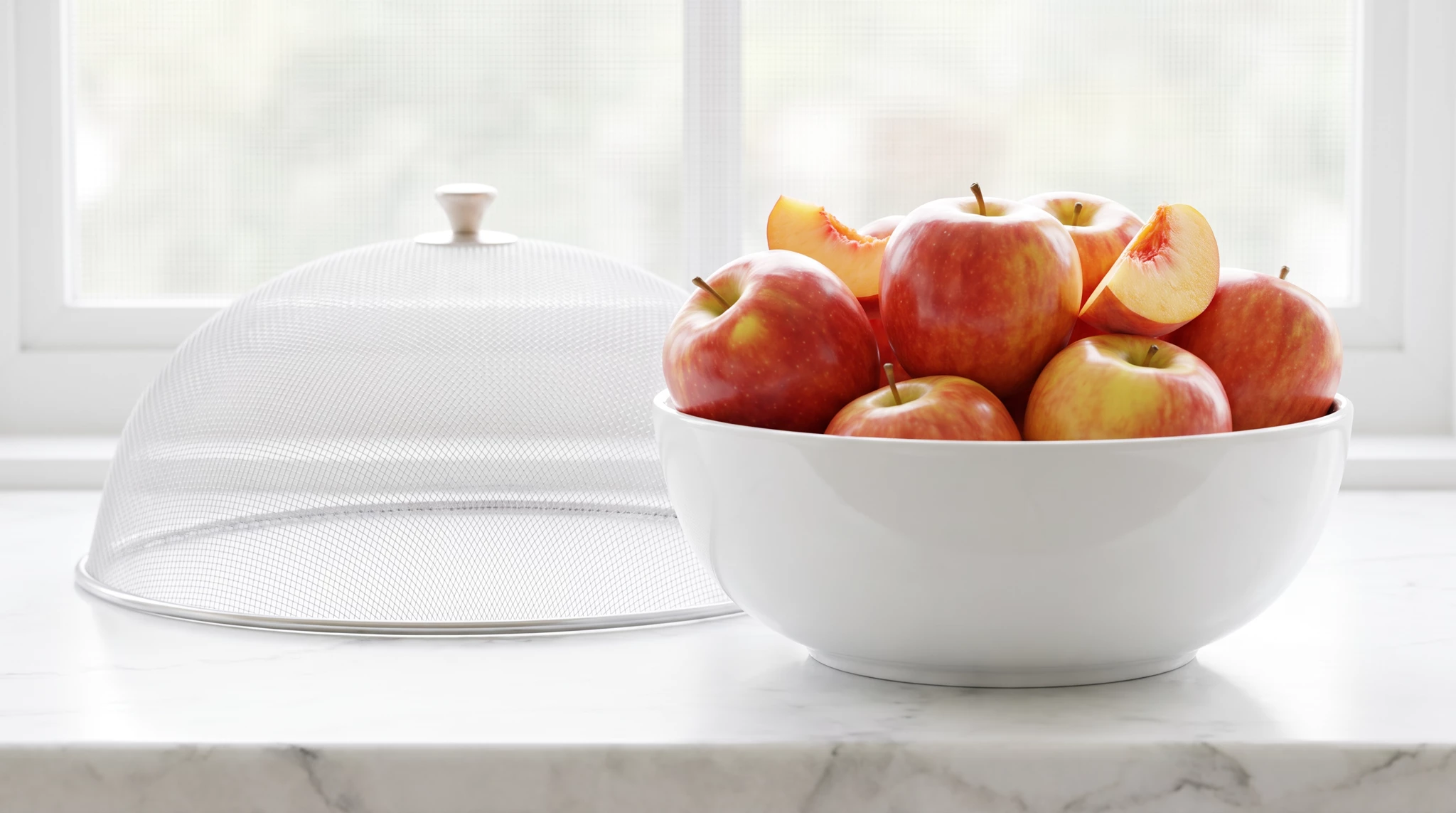 Red and golden apples in a white ceramic bowl next to a mesh food cover