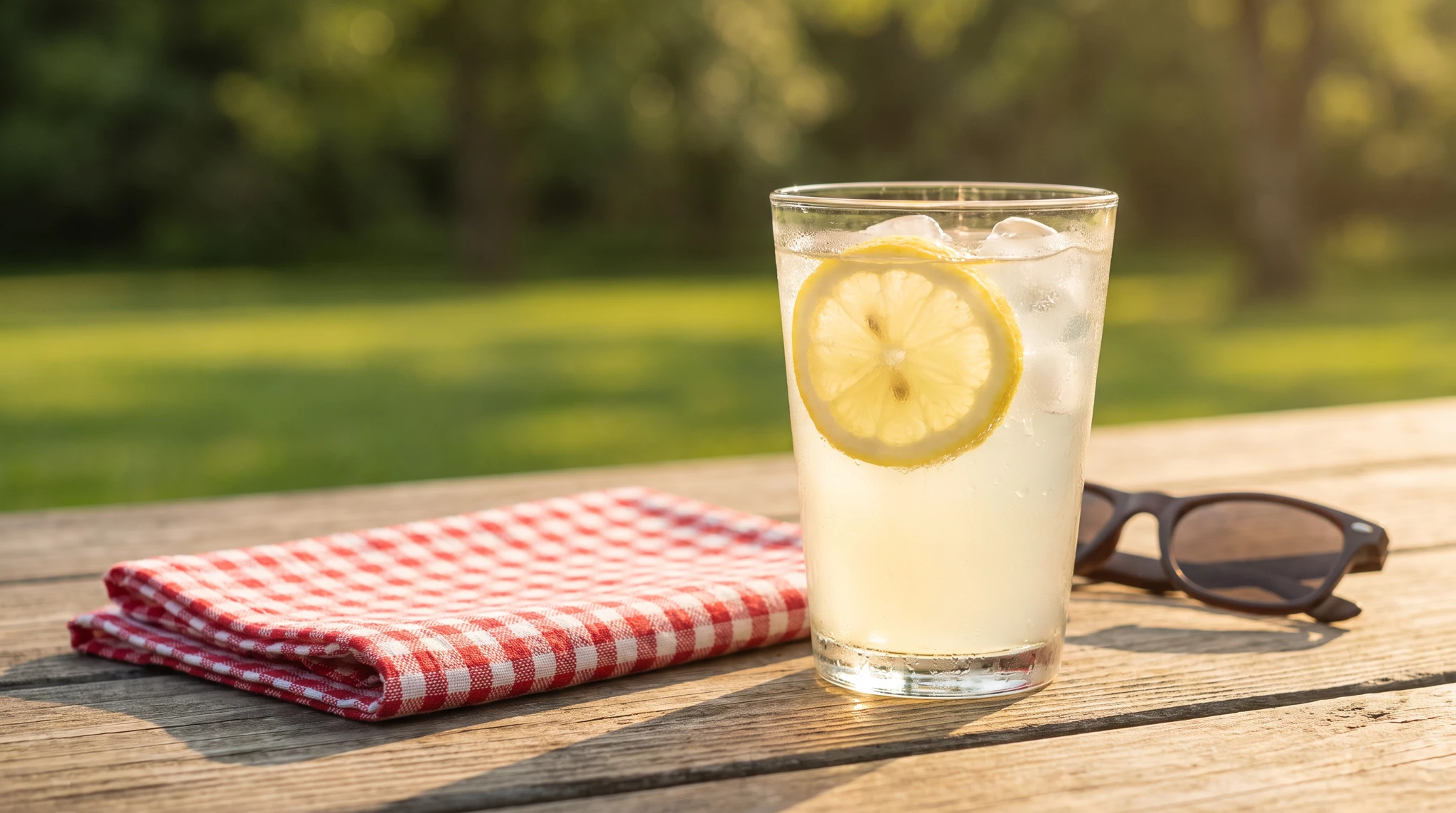 Glass of fresh lemonade with lemon slice and ice on wooden picnic table, red-white checkered cloth and sunglasses