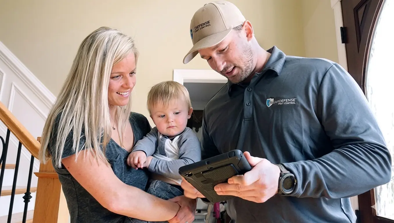 Young family with toddler reviewing home security system on tablet with technician in branded polo and cap