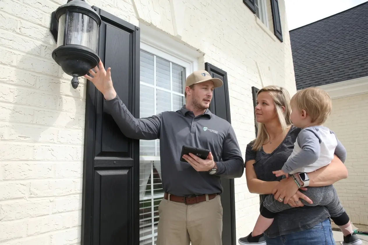Male technician in branded polo and cap inspecting outdoor security light while holding tablet