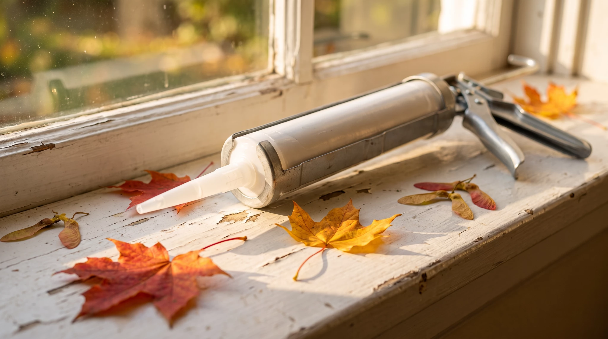 Caulking gun and applicator tool on a white windowsill with scattered fall leaves, bright natural window light