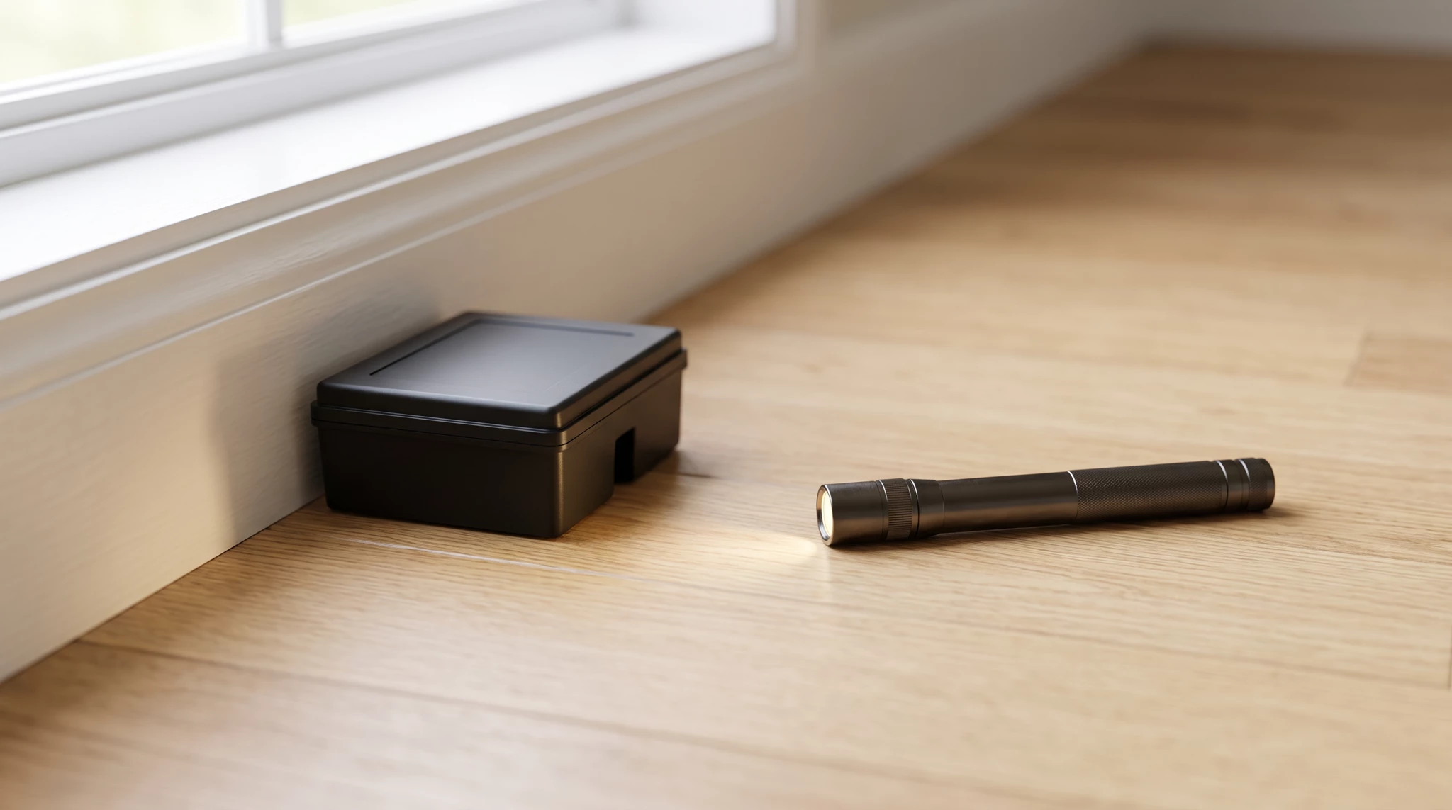 A black bait station set against the baseboard beneath a window, with a small flashlight on the wood floor beside it