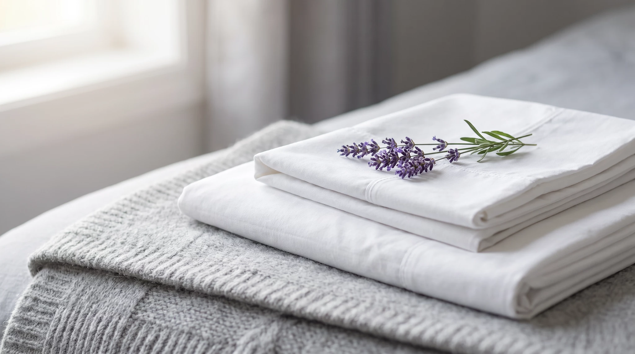 Stack of folded white and gray linens with fresh lavender sprigs on top, bright window light, clean minimalist home textile