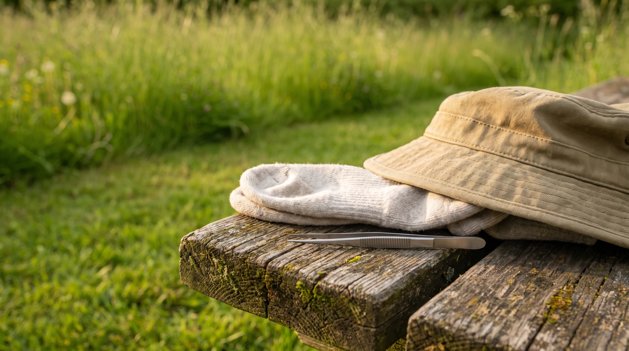 A khaki sun hat, white socks and fine-tipped tweezers on a weathered wooden bench beside tall grass