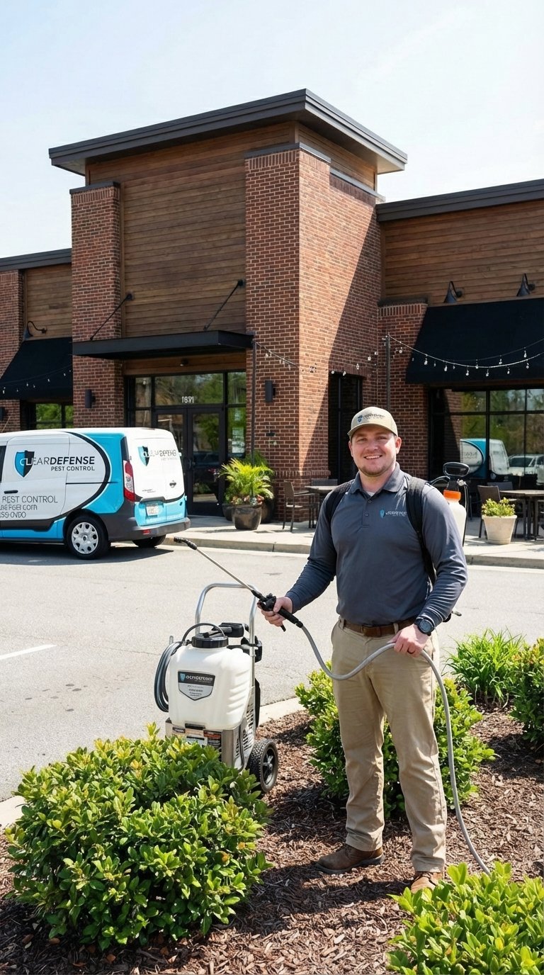 Male pest control technician in white cap and navy polo holding spray equipment in front of commercial brick building