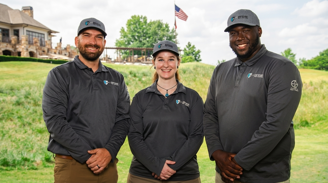 Three smiling service team members in matching dark branded polos and caps standing in a grassy field with a residential
