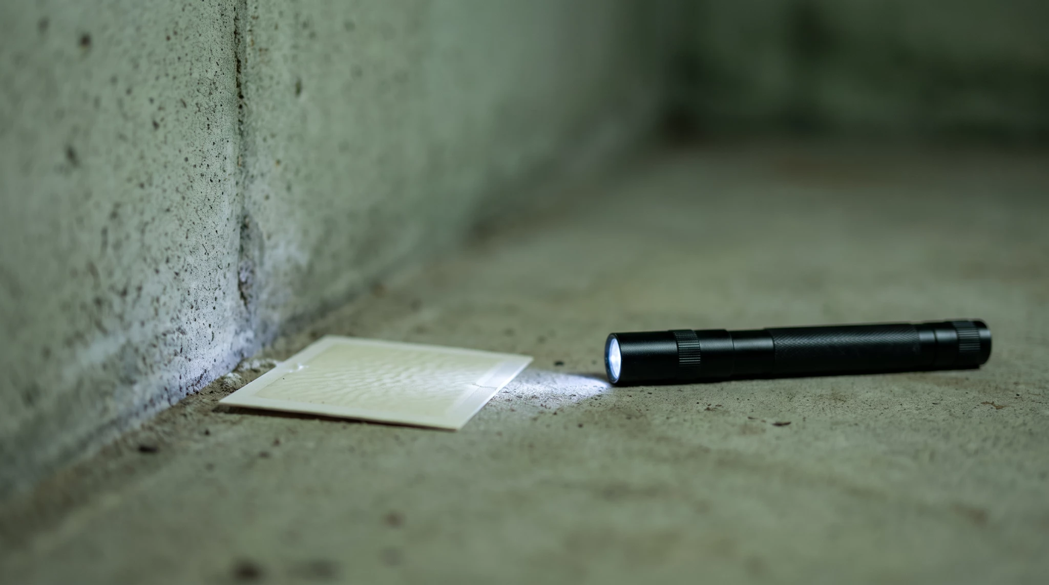 A sticky monitoring card in the corner of a concrete basement floor, lit by a small black flashlight