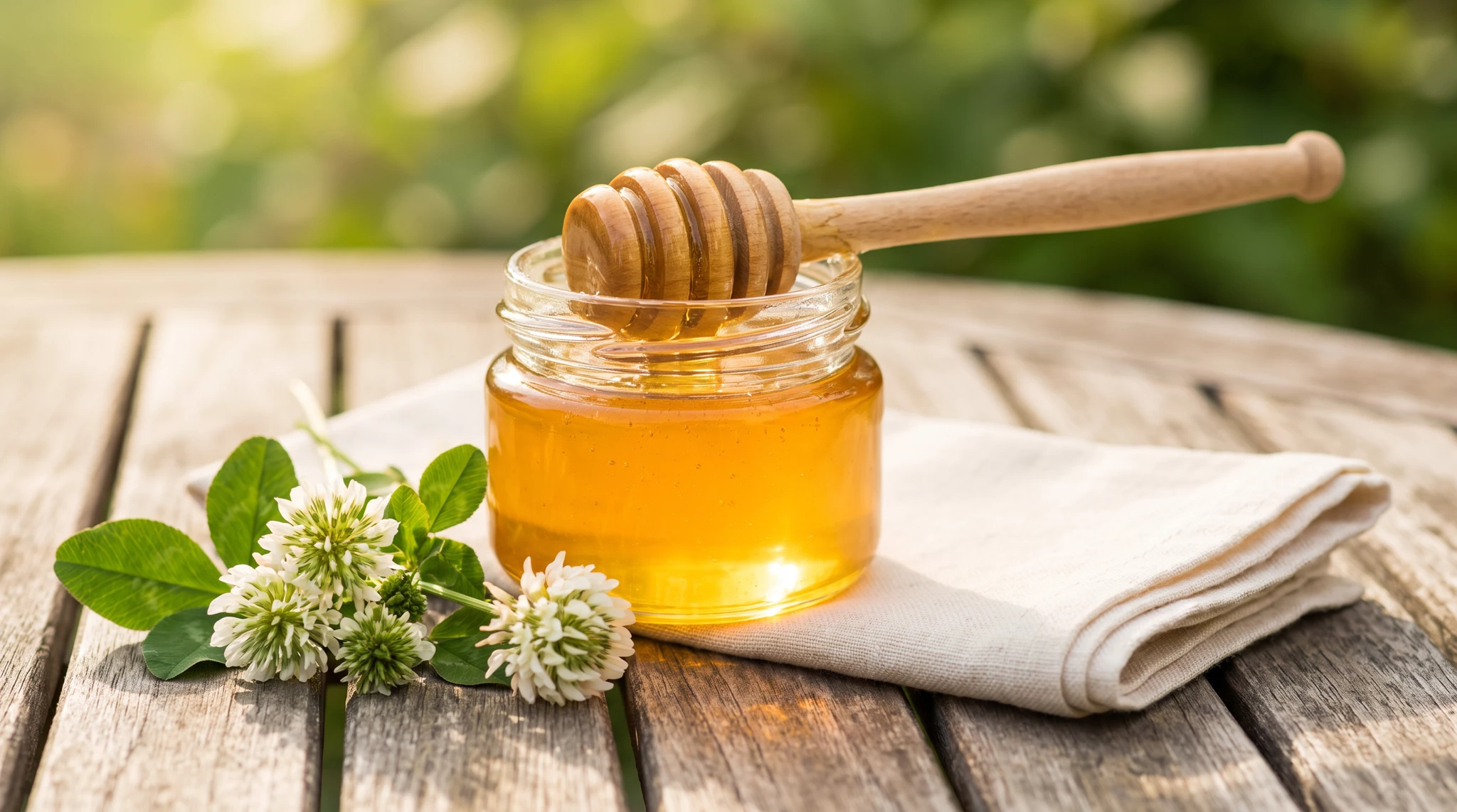 Jar of golden honey with wooden honey dipper, white clover flowers, linen napkin, outdoor wooden table