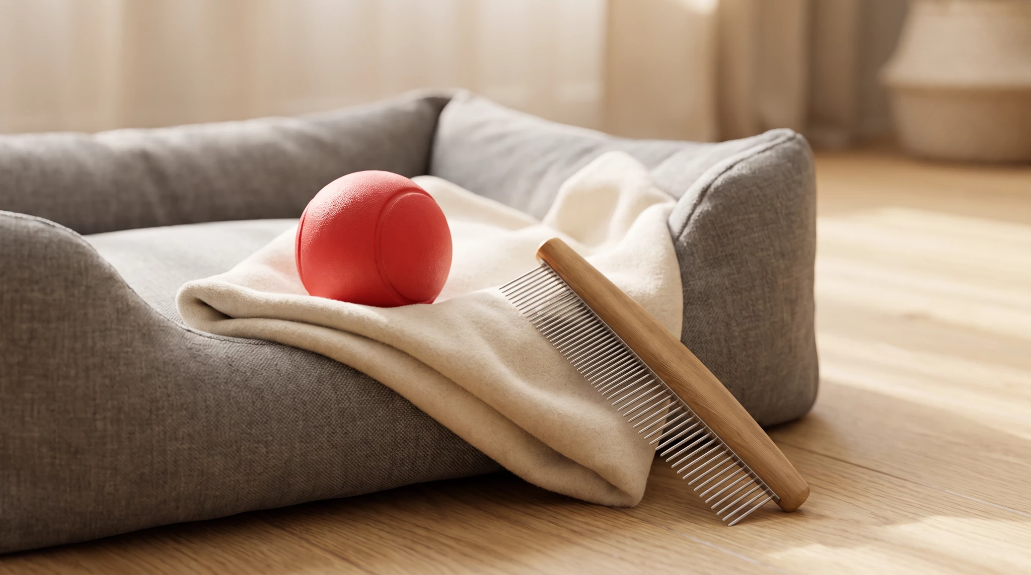 Red rubber ball and wooden comb grooming tools displayed on cream blanket in gray pet bed, warm minimalist home interior