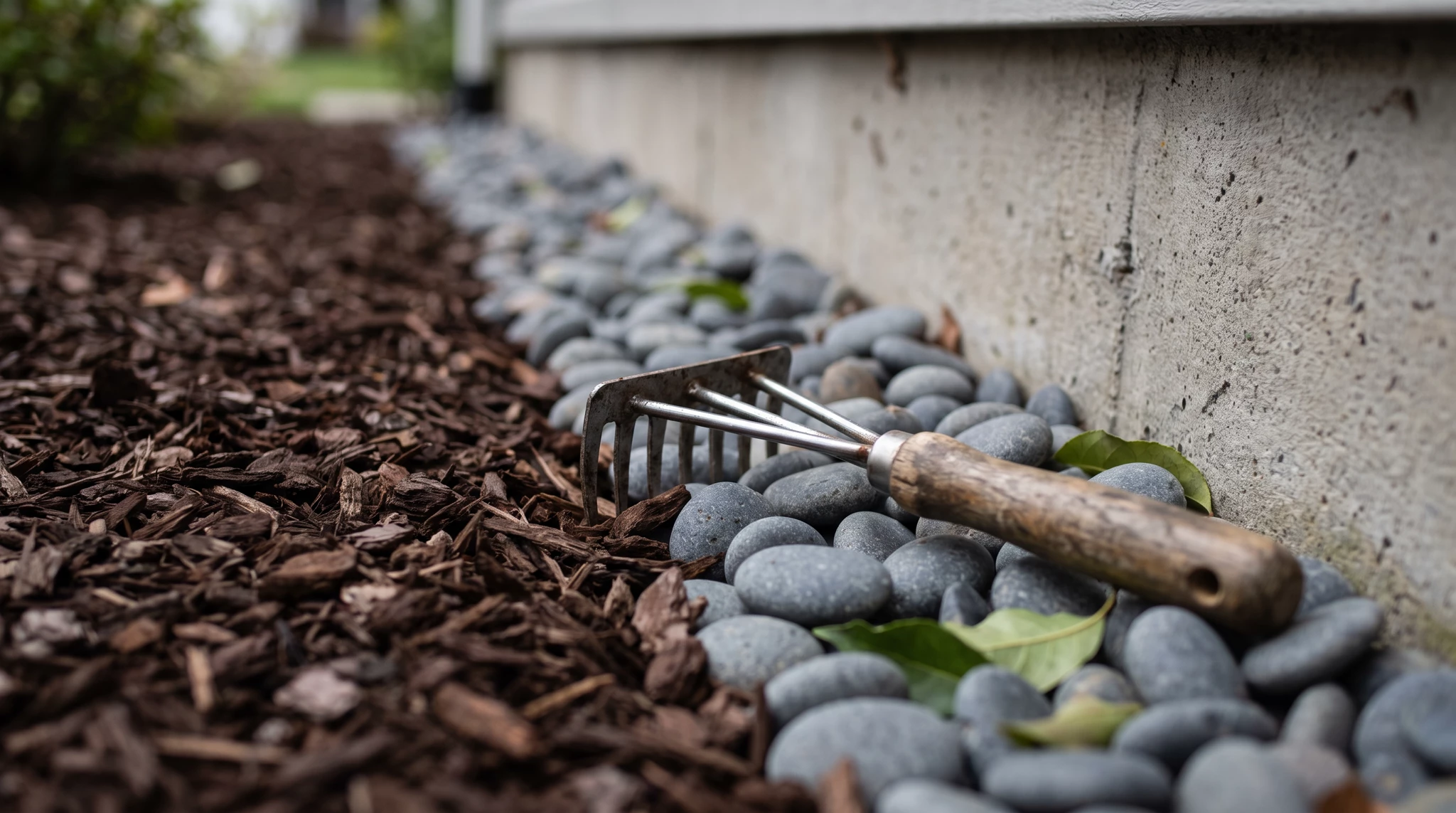 A hand rake on a border of river stones and mulch along a home's foundation