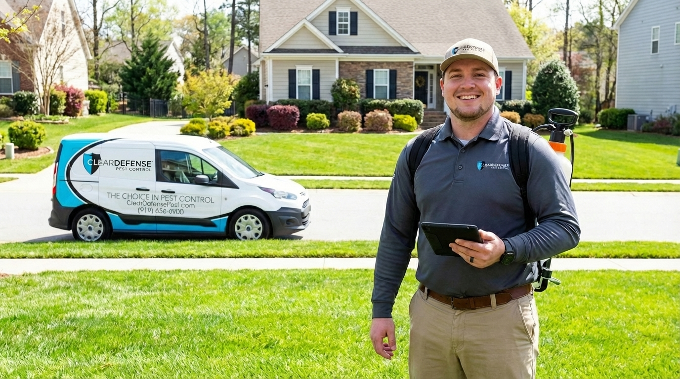 Smiling male pest control technician in branded uniform holding tablet standing in front residential driveway