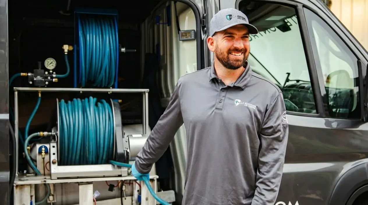 Smiling male service technician in gray branded polo and white cap standing beside mobile service van with blue pressure
