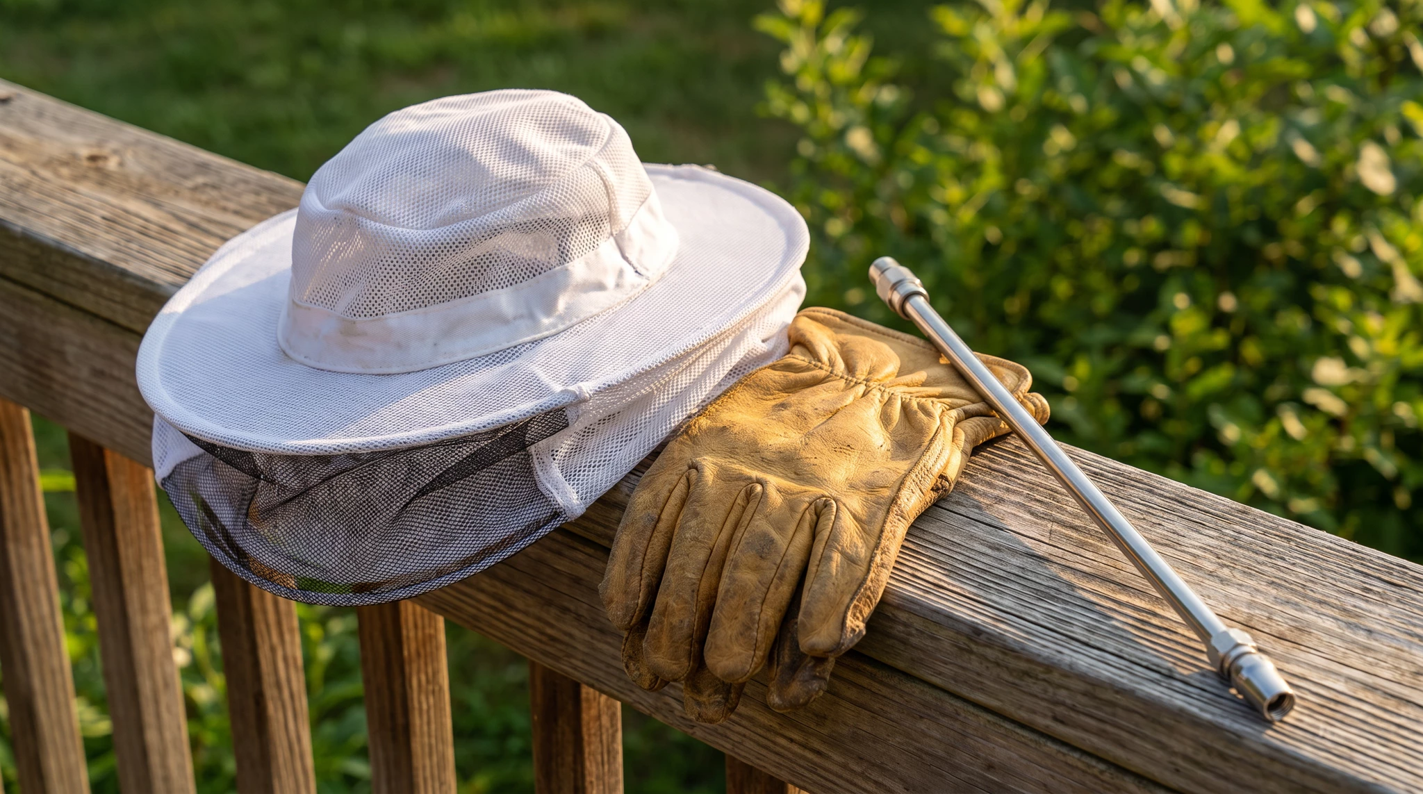 A protective veil hat, leather work gloves and a spray wand resting on a weathered wooden deck railing