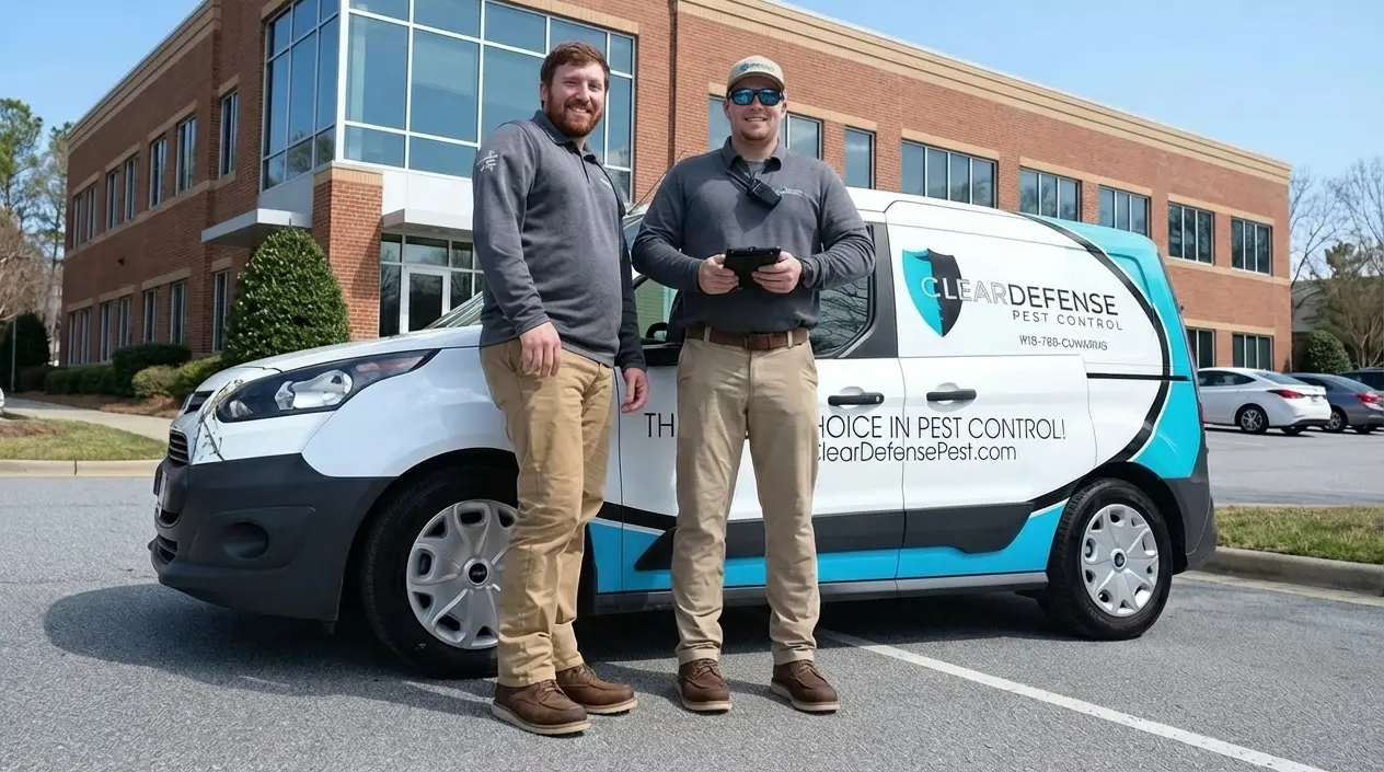 Two male service technicians standing in front of white and turquoise pest control van with company branding